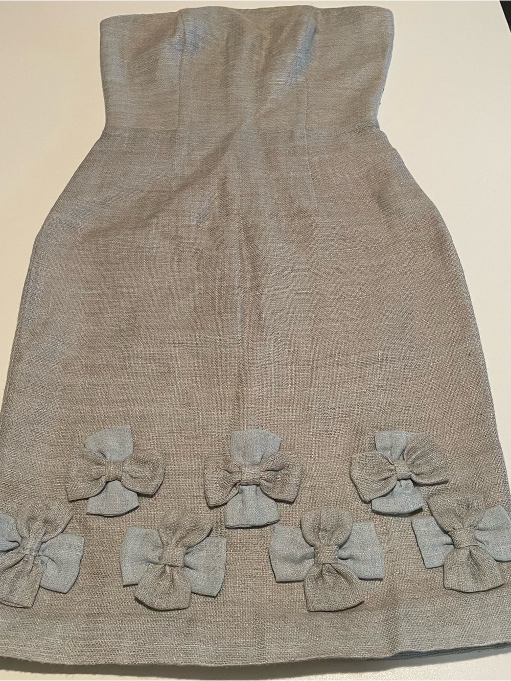 Tribute Strapless Bow-Embellished Linen Blend Dress - Light Gray, Sample Dress